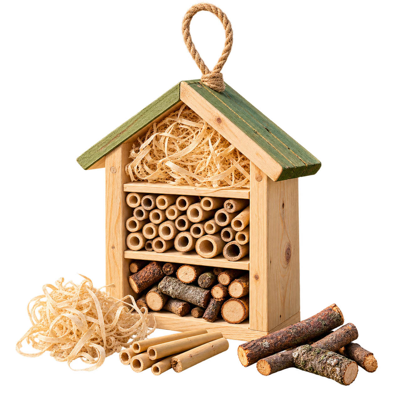 Mini Insektenhotel aus Holz mit Schilfrohr und Holzwolle