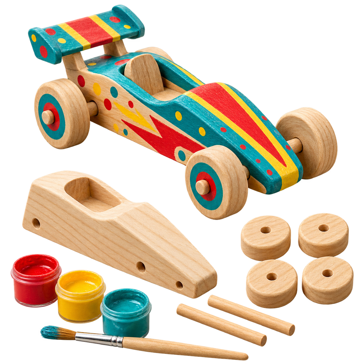 Bemaltes Mini Rennauto aus Holz mit Farben und Pinsel