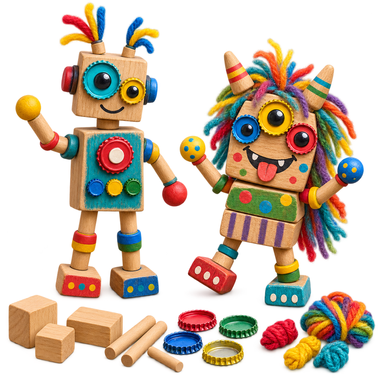 Holz Roboter und Monster aus Klötzen, Kronkorken und Wolle