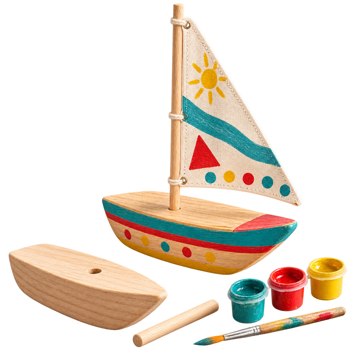 Selbst gebautes Holz-Segelboot mit bemaltem Segel