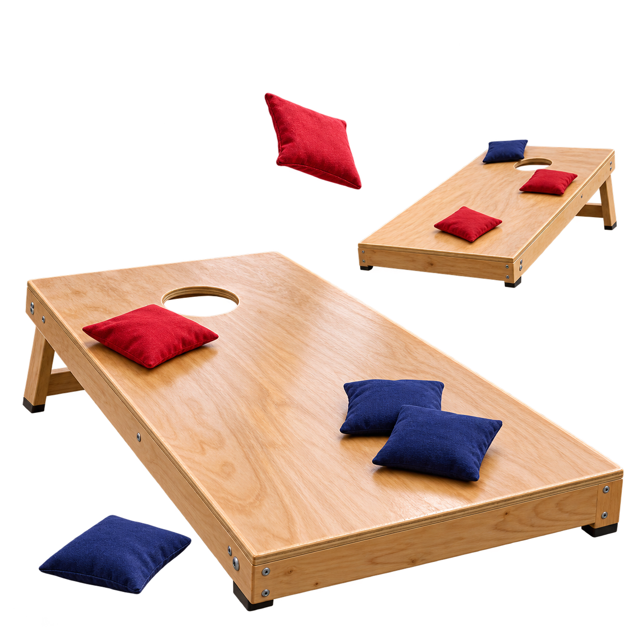 Cornhole-Board mit roten und blauen Wurfsäckchen