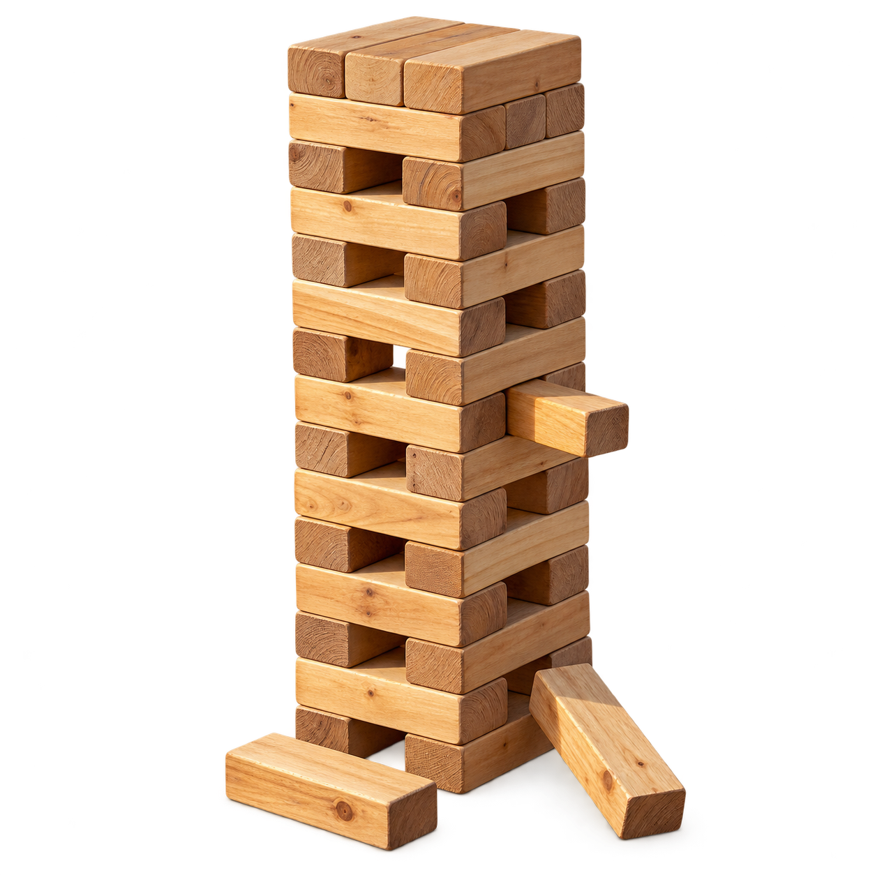 XXL Jenga: hoher Turm aus Holzklötzen