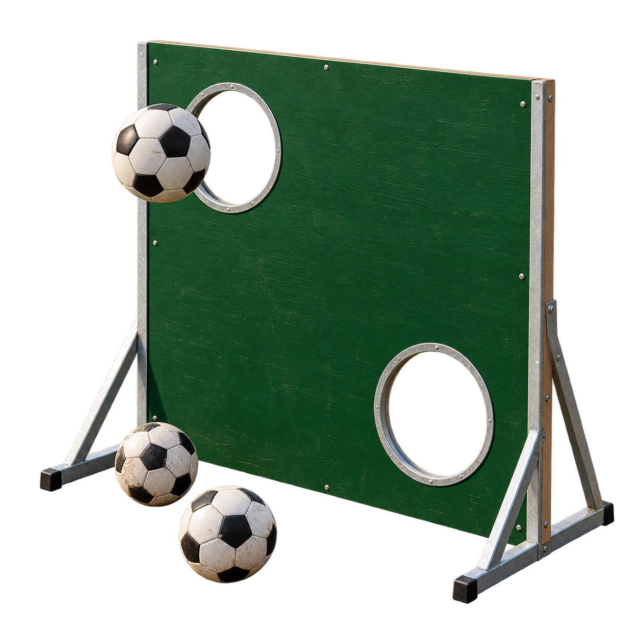 Torwand mit zwei Zielöffnungen und Fußbällen